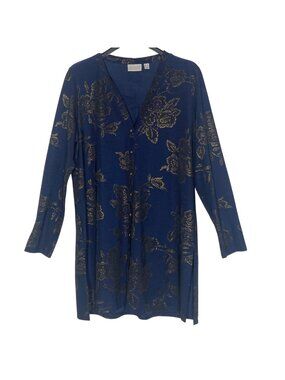 Susan Graver Floral Rose Metallic Stretch Liquid Knit Tunic Sz LG Elegant